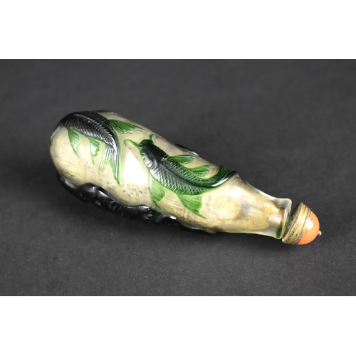 364 - A Chinese Overlaid Green Glass Snuff Bottle Decorated with Fish and Lily Pad Complete with Brass Mou... 
