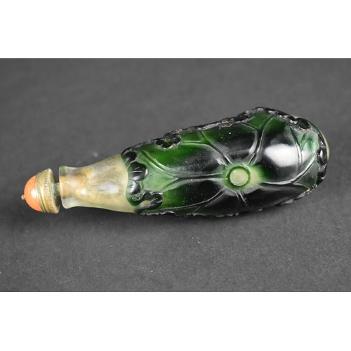 364 - A Chinese Overlaid Green Glass Snuff Bottle Decorated with Fish and Lily Pad Complete with Brass Mou... 