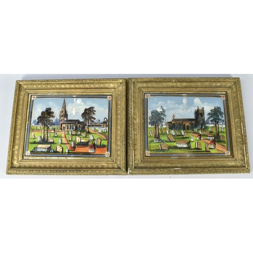 177 - A Pair of Gilt Framed Late 19th Century Reverse Painted and Foil Glass Pictures, Church Yard Scenes,... 