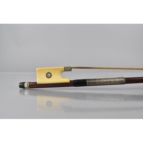 119 - A 19th Century Violin Bow, The Octagonal Body with White Metal Adjusters, Ivory and Mother of Pearl ... 