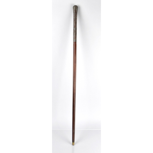 105 - A Colonial Type Hardwood Walking Stick with Well Worked White Metal Inlaid Decoration, 86cm Long