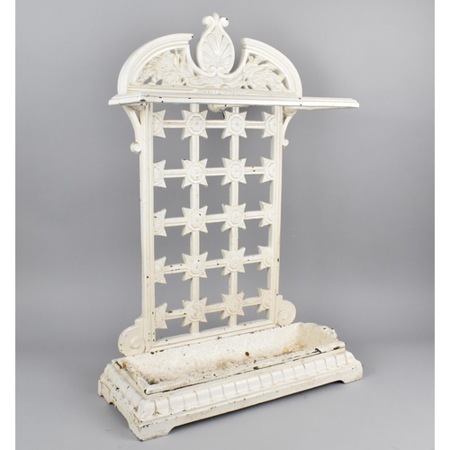 103 - A Victorian White Painted Coalbrookdale Cast Iron Two Sectioned Stick Stand with Crosshatch Rose Mot... 