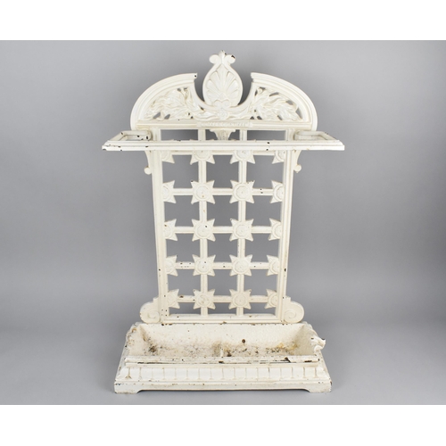 103 - A Victorian White Painted Coalbrookdale Cast Iron Two Sectioned Stick Stand with Crosshatch Rose Mot... 