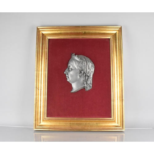 101 - A Framed Victorian Lead Plaque (c.1890) Queen Victoria Side Portrait, Frame 53x63cm