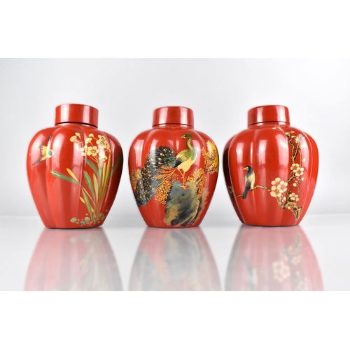 99 - A Set of Three Late 19th/Early 20th Century Oriental Lacquered Lidded Ginger Jars of Lobed Form Deco... 