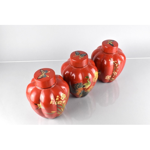 99 - A Set of Three Late 19th/Early 20th Century Oriental Lacquered Lidded Ginger Jars of Lobed Form Deco... 