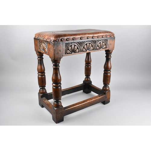 77 - A 19th Century Oak Peg Jointed Stool with Carved Sides on Turned Wooden Supports United by Box Stret... 