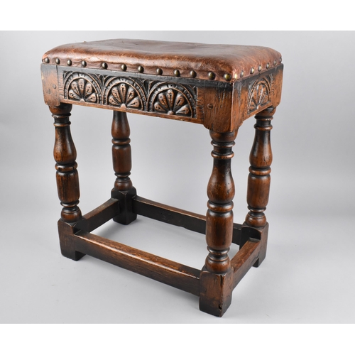 77 - A 19th Century Oak Peg Jointed Stool with Carved Sides on Turned Wooden Supports United by Box Stret... 