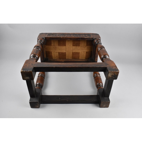 77 - A 19th Century Oak Peg Jointed Stool with Carved Sides on Turned Wooden Supports United by Box Stret... 