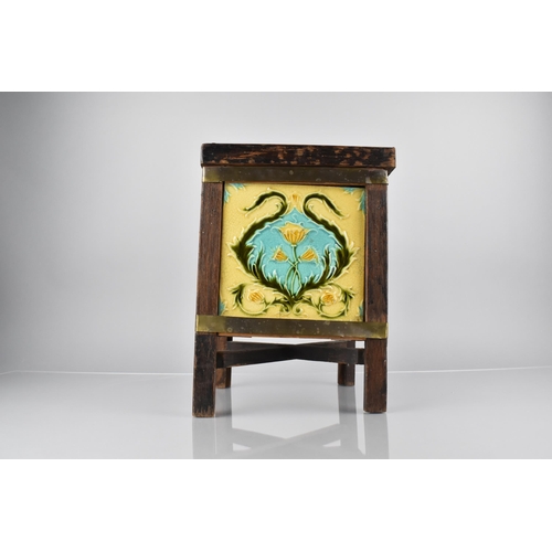 72 - A Late Victorian/Edwardian Oak Brass Mounted Jardinier Inset with Four Art Nouveau Majolica Floral R... 