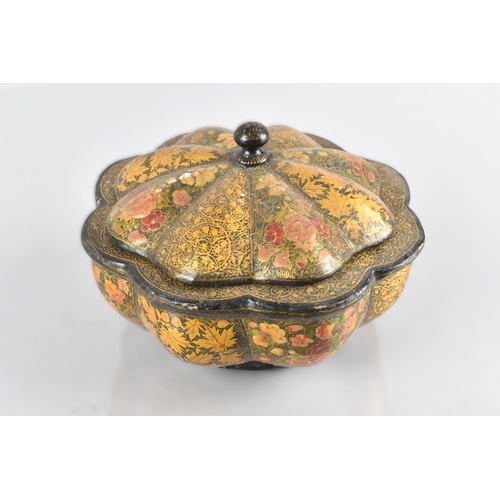 70 - A Late 19th Century Indian Kashmiri Lobed Pot and Cover Decorated in Polychrome with Flowers on Blac... 