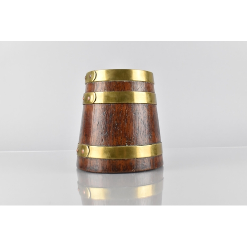 57 - A Late 19th/Early 20th Century Oak and Brass Banded Money Box of Coppered Barrel Form, 14cm High