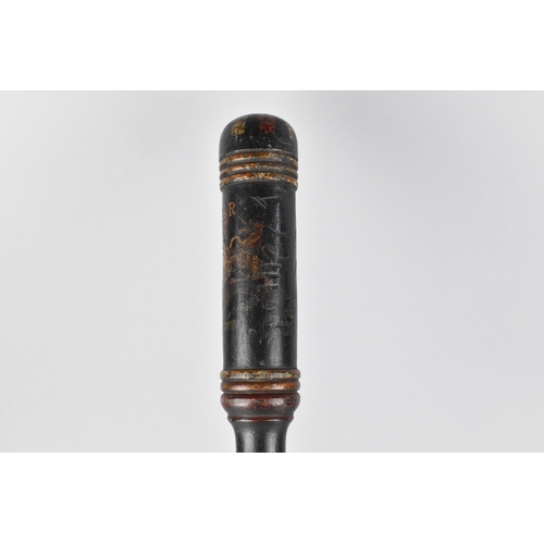 41 - A Victorian Truncheon with Polychrome Painted Decoration on Black Ground, 38cm Long