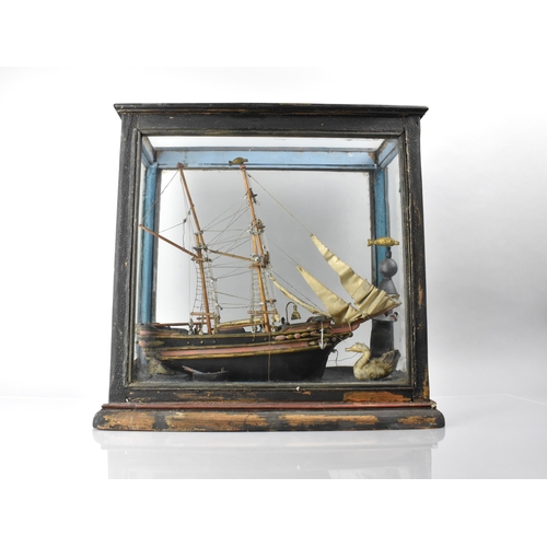 21 - A 19th/20th Century Folk Art Model of a Ship with Seagulls and Lighthouse in Glazed Ebonised Display... 