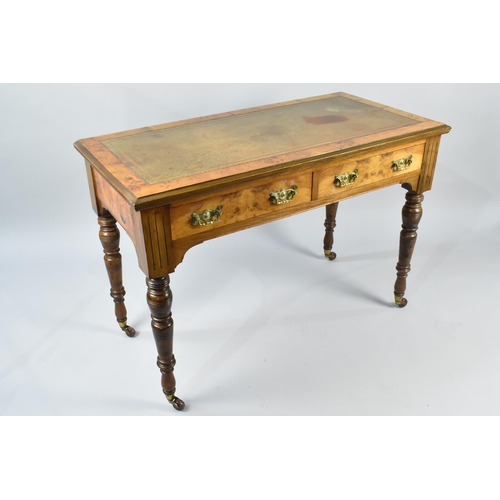 14 - A Late Victorian Burr Walnut Library Table with Two Drawers Having Brass Drop Handles, Turned Suppor... 