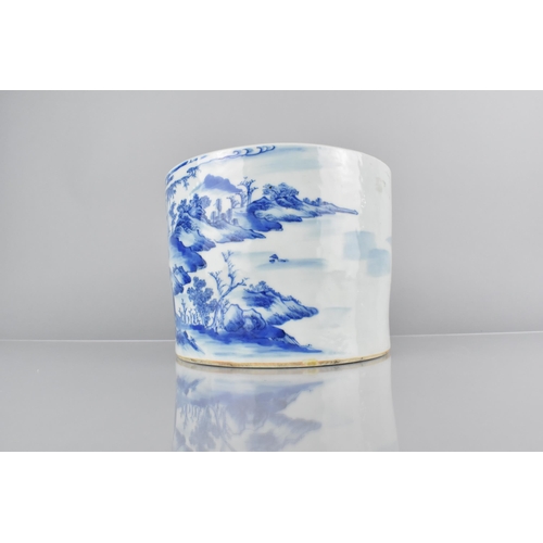 421 - A Chinese Qing Dynasty Porcelain Blue and White Brush Pot Decorated with Landscape Scene Detailing F... 