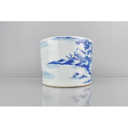 421 - A Chinese Qing Dynasty Porcelain Blue and White Brush Pot Decorated with Landscape Scene Detailing F... 