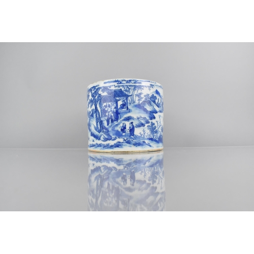 421 - A Chinese Qing Dynasty Porcelain Blue and White Brush Pot Decorated with Landscape Scene Detailing F... 