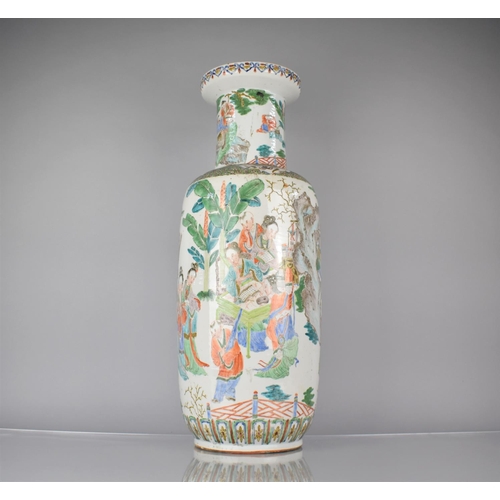 411 - A Large 19th Century Chinese Rouleau Vase Decorated in the Famille Verte Palette with Maidens and At... 