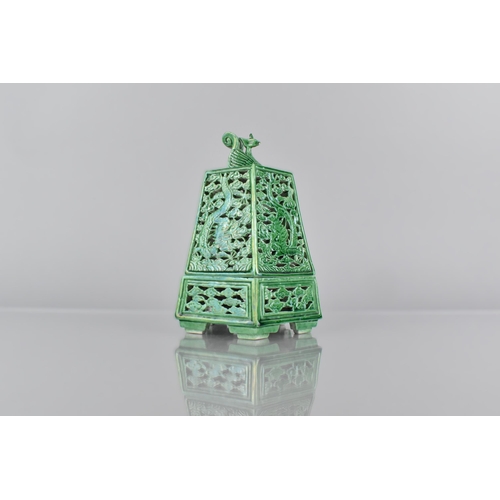 395 - A Chinese Porcelain Green Glazed Lantern Cover on Base, of Five Panelled Dragon Motif, 15cm High