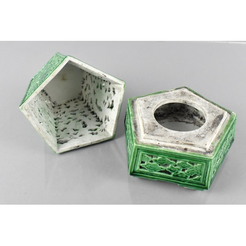 395 - A Chinese Porcelain Green Glazed Lantern Cover on Base, of Five Panelled Dragon Motif, 15cm High