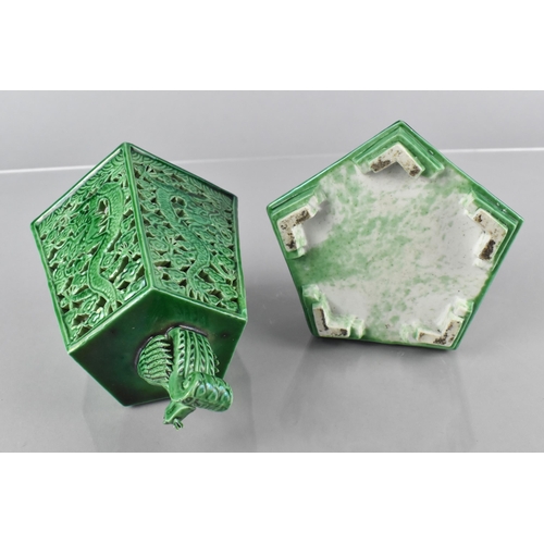 395 - A Chinese Porcelain Green Glazed Lantern Cover on Base, of Five Panelled Dragon Motif, 15cm High
