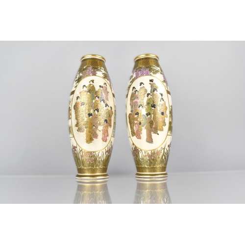 387 - A Pair of Japanese Meiji Satsuma Ovoid Vases Finely Decorated with Maidens in Oval Cartouche with Fu... 