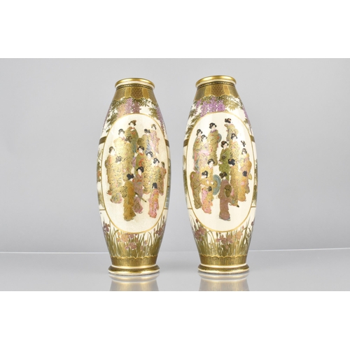 387 - A Pair of Japanese Meiji Satsuma Ovoid Vases Finely Decorated with Maidens in Oval Cartouche with Fu... 