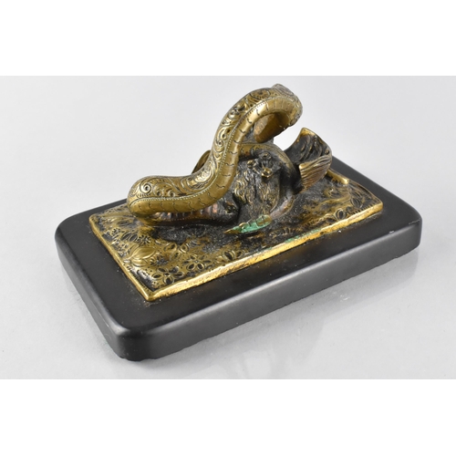 146 - A Bronze Paperweight Modelled as Snake Attacking Owl, The Bronze Having Finely Worked Floral Scrolle... 