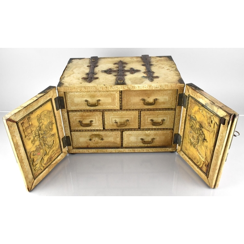 78 - A 20th Century Leather Mounted Table Top Collectors Chest with Bronze Fleur De Lys Mounts and Straps... 