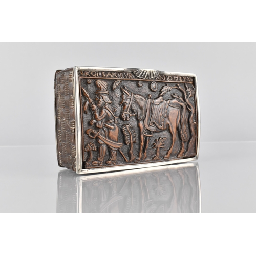 75 - An 18th Century Carved Treen Tobacco Box with Silver Mount, The Top Carved with Soldier and Horse In... 