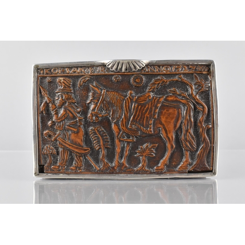 75 - An 18th Century Carved Treen Tobacco Box with Silver Mount, The Top Carved with Soldier and Horse In... 