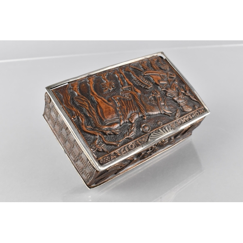 75 - An 18th Century Carved Treen Tobacco Box with Silver Mount, The Top Carved with Soldier and Horse In... 