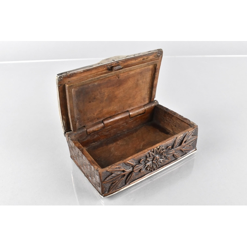 75 - An 18th Century Carved Treen Tobacco Box with Silver Mount, The Top Carved with Soldier and Horse In... 