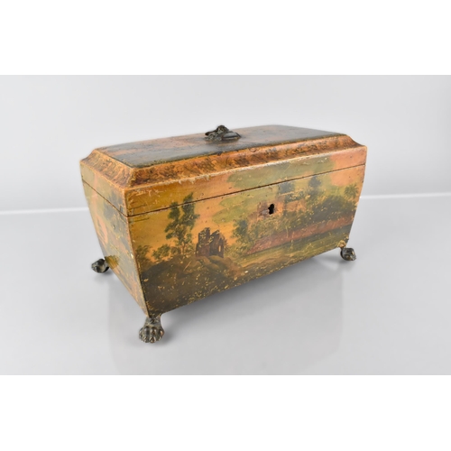 74 - A 19th Century Regency Painted Sycamore Tea Caddy of Sarcophagus Form Decorated Exterior Castle Scen... 