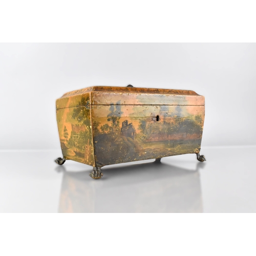 74 - A 19th Century Regency Painted Sycamore Tea Caddy of Sarcophagus Form Decorated Exterior Castle Scen... 