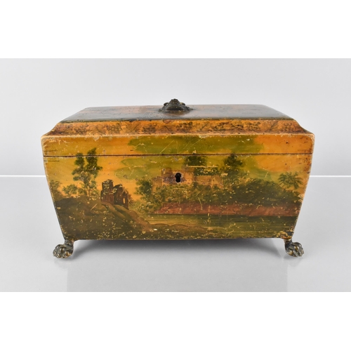 74 - A 19th Century Regency Painted Sycamore Tea Caddy of Sarcophagus Form Decorated Exterior Castle Scen... 