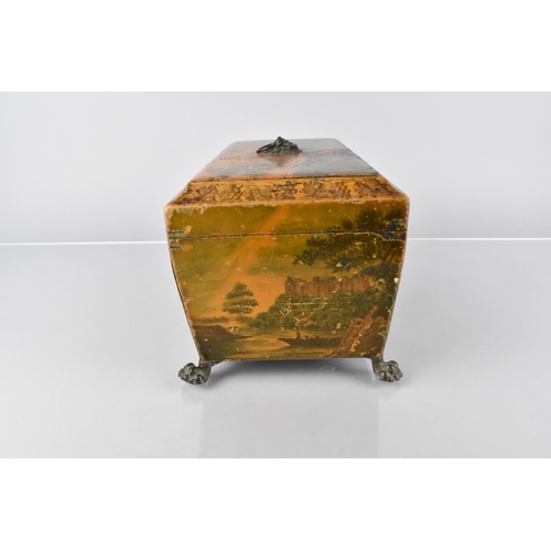 74 - A 19th Century Regency Painted Sycamore Tea Caddy of Sarcophagus Form Decorated Exterior Castle Scen... 