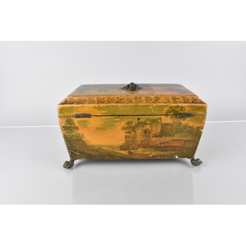 74 - A 19th Century Regency Painted Sycamore Tea Caddy of Sarcophagus Form Decorated Exterior Castle Scen... 