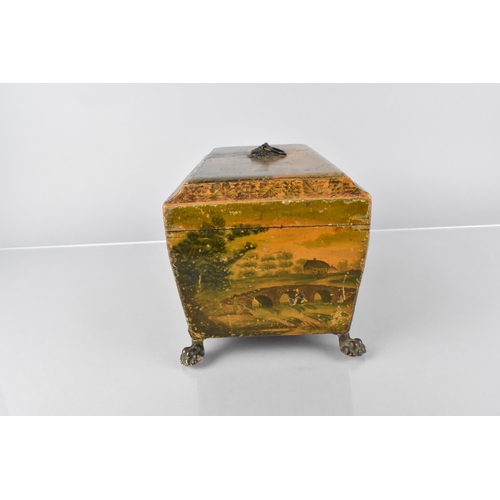 74 - A 19th Century Regency Painted Sycamore Tea Caddy of Sarcophagus Form Decorated Exterior Castle Scen... 