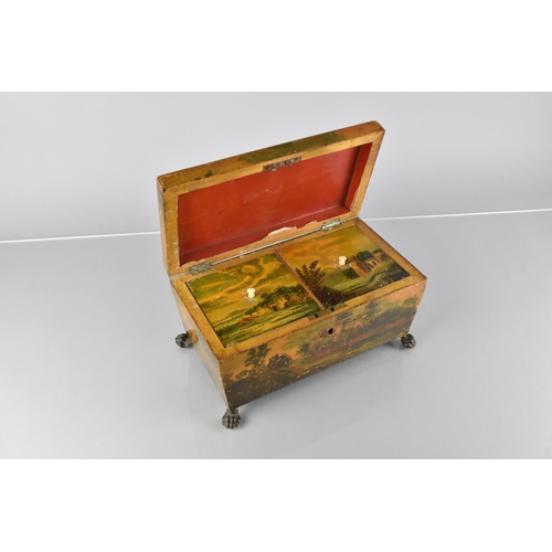 74 - A 19th Century Regency Painted Sycamore Tea Caddy of Sarcophagus Form Decorated Exterior Castle Scen... 