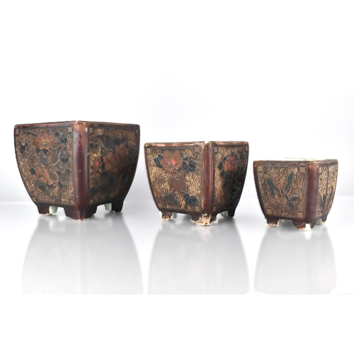 390 - A Set of Three Graduated Japanese Porcelain Totai Shippo Decorated Pots with Sparrow Amongst Branche... 