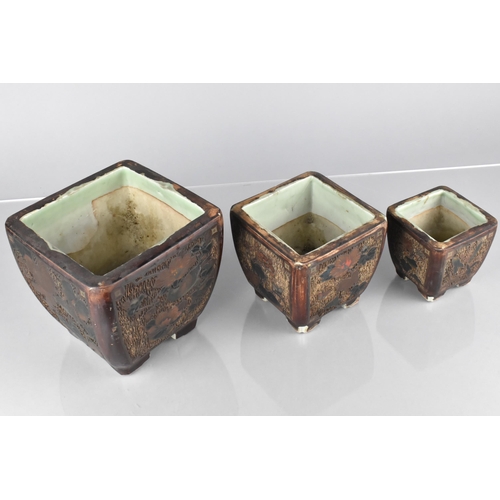 390 - A Set of Three Graduated Japanese Porcelain Totai Shippo Decorated Pots with Sparrow Amongst Branche... 