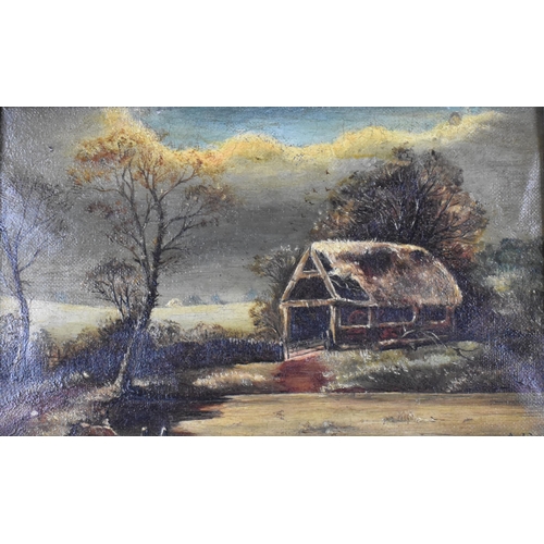 164 - A 19th Century English School Oil on Canvas, Rural Landscape Depicting Thatched Barn, Subject 20.5x1... 