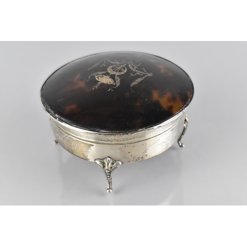 215 - A Victorian Silver and Tortoiseshell Pique-Work Trinket Box, The Top Decorated with Ribbons and Swag... 