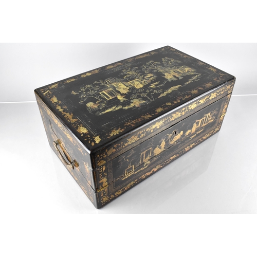 2 - A Late 19th Century Chinoiserie Black Lacquered Writing Slope with Twin Brass Drop Handles, Gilt Dec... 