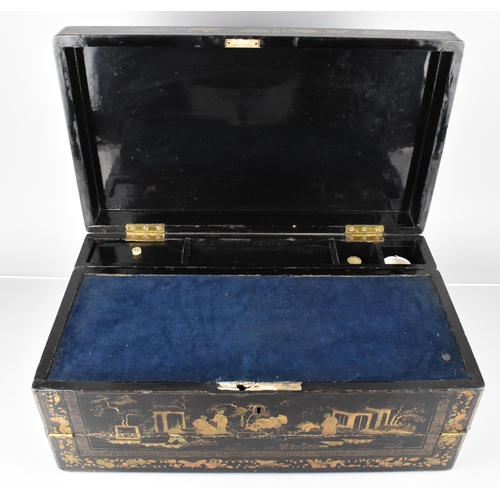 2 - A Late 19th Century Chinoiserie Black Lacquered Writing Slope with Twin Brass Drop Handles, Gilt Dec... 