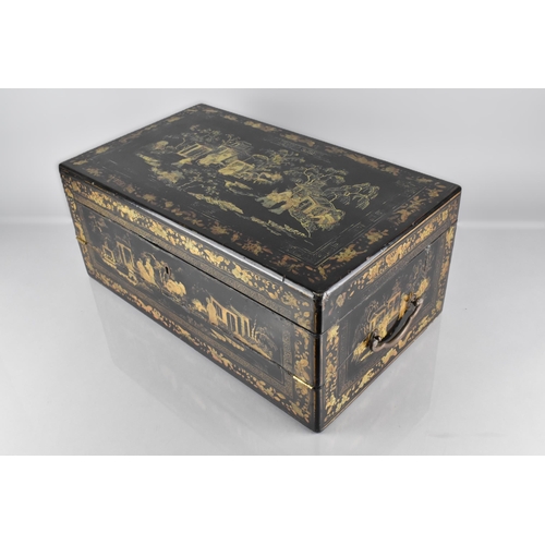 2 - A Late 19th Century Chinoiserie Black Lacquered Writing Slope with Twin Brass Drop Handles, Gilt Dec... 