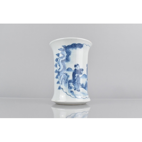 425 - A Chinese Porcelain Blue and White Brush Pot with Flared Neck and Decorated with Deity and Child, Ve... 