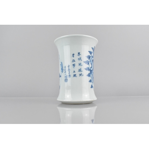 425 - A Chinese Porcelain Blue and White Brush Pot with Flared Neck and Decorated with Deity and Child, Ve... 